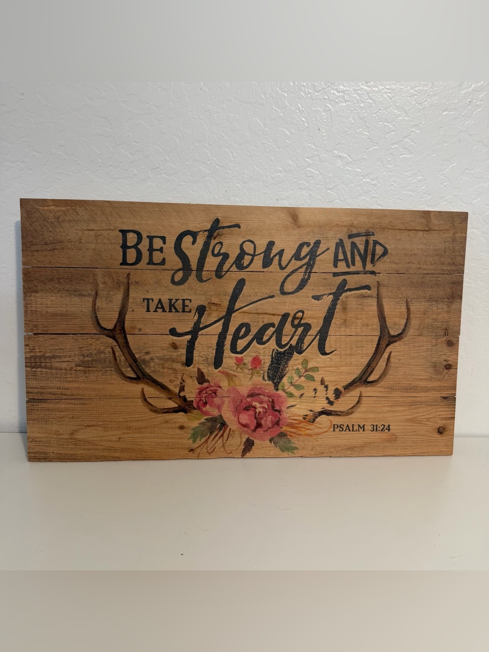 Be Strong and Take Heart Floral Wooden Wall Sign - Natural Wood 24X14”made in 🇺🇸